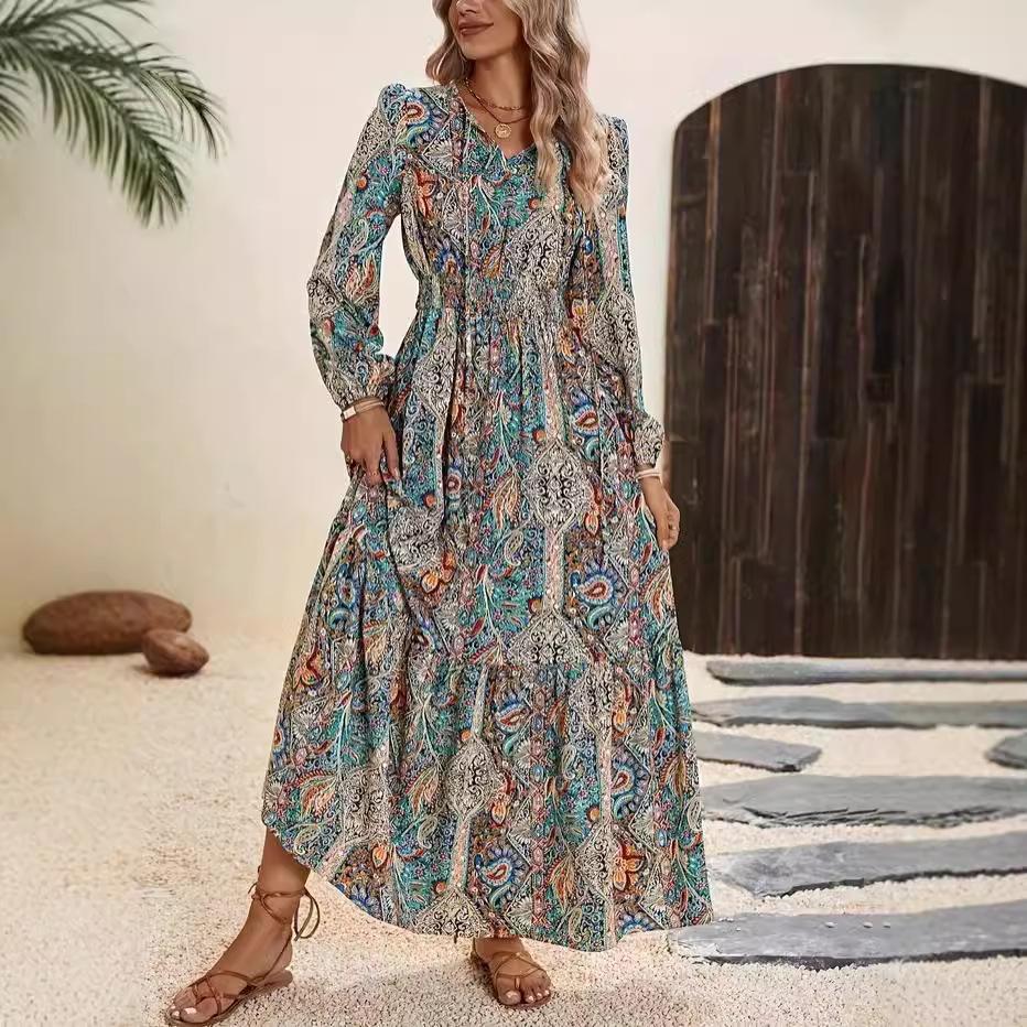 Autumn New Women's Long-sleeved Versatile Printed Lotus Leaf Edge Dress