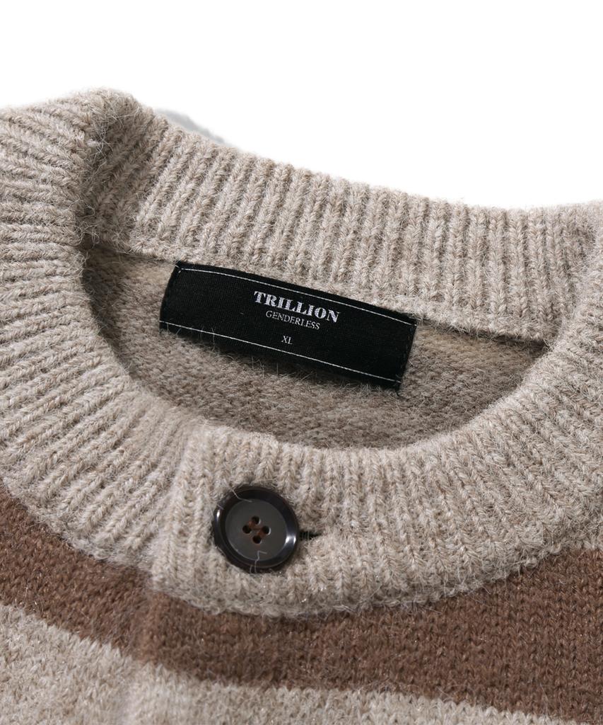 TRILLION Washable Hairy Striped Button Cardigan Knit_Beige