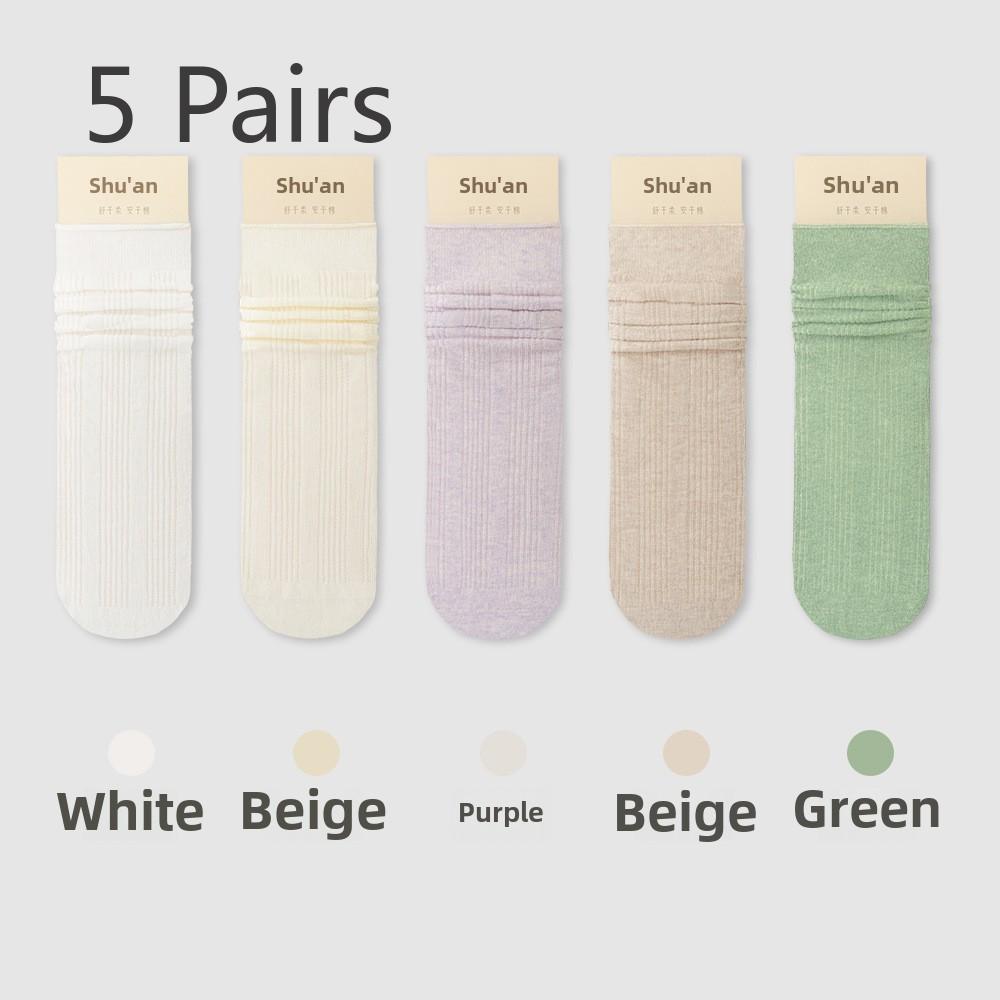 5 Pairs of Women's Spring and Summer Thin Mid-calf Solid Colour Anti-odour and Sweat-absorbent Long Socks Stacked Socks