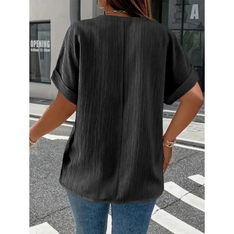 T-shirt Casual da Donna Taglie Forti Casual Colore Unico Bottoni Scollo a V Elegante Colore Unico Manica Corta Abbottonata Moda Quattro Stagioni Nuovo