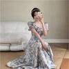 Blue Oil Painting Floral Dress Women's Summer New Square Neck Bubble Sleeves Waist Thin Medium and Long Skirt