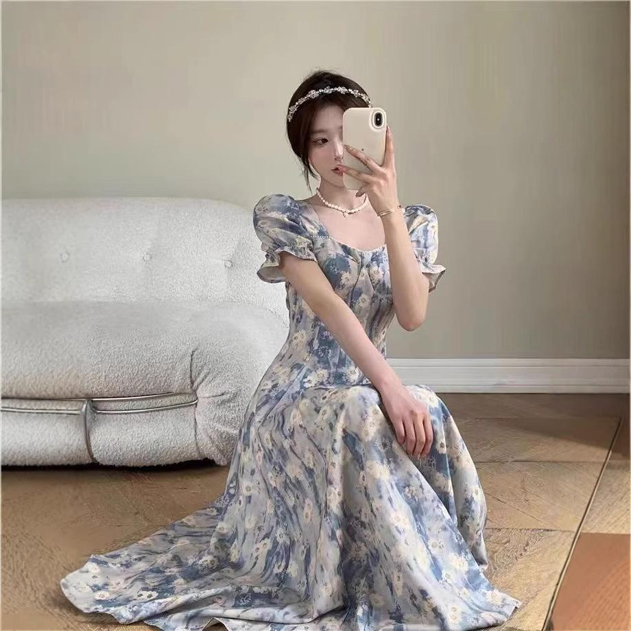 Blue Oil Painting Floral Dress Women's Summer New Square Neck Bubble Sleeves Waist Thin Medium and Long Skirt