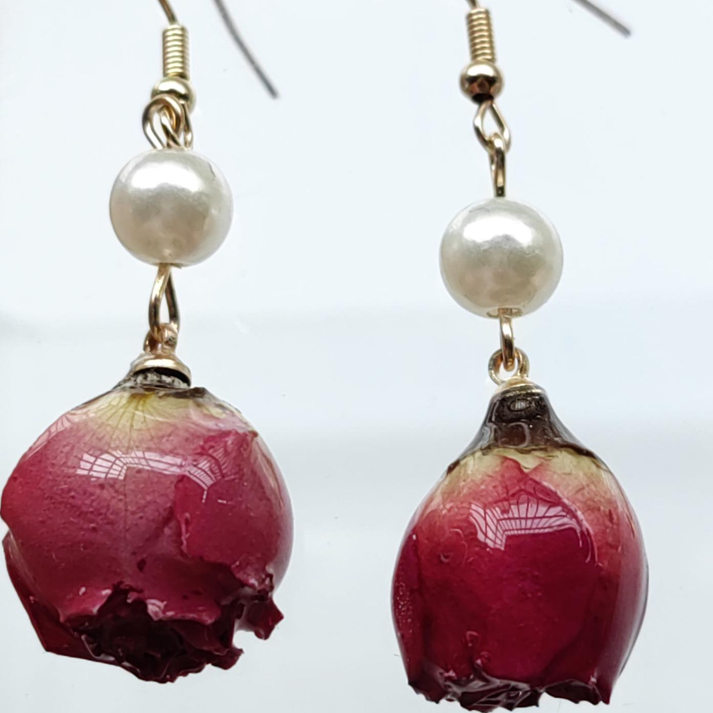 Natural Dried Rose Flower Earrings - Fresh, Sweet Ear Ornaments