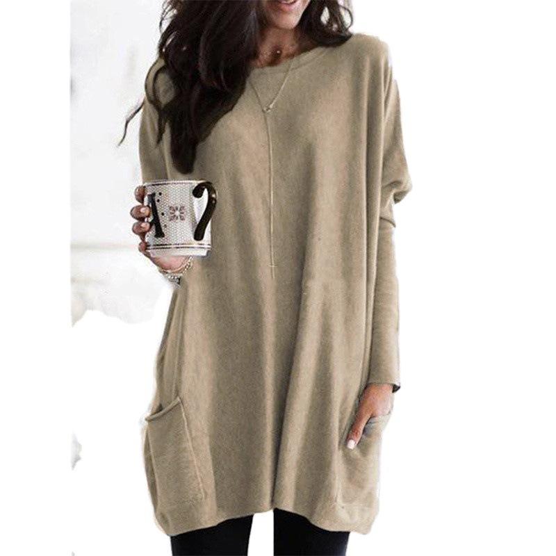 New Autumn Long Sleeved Casual Pocket T-shirt Top for Women's Clothing