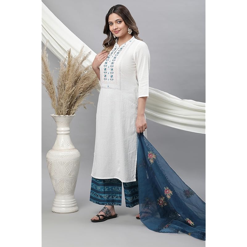 Aurelia White Floral Printed Printed Cotton-Rayon Blend Straight Long Kurta M белый