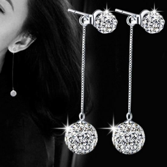 Luxury Full Rhinestone Inlaid Tassel Round Ball Long Dangle Women Stud Earrings