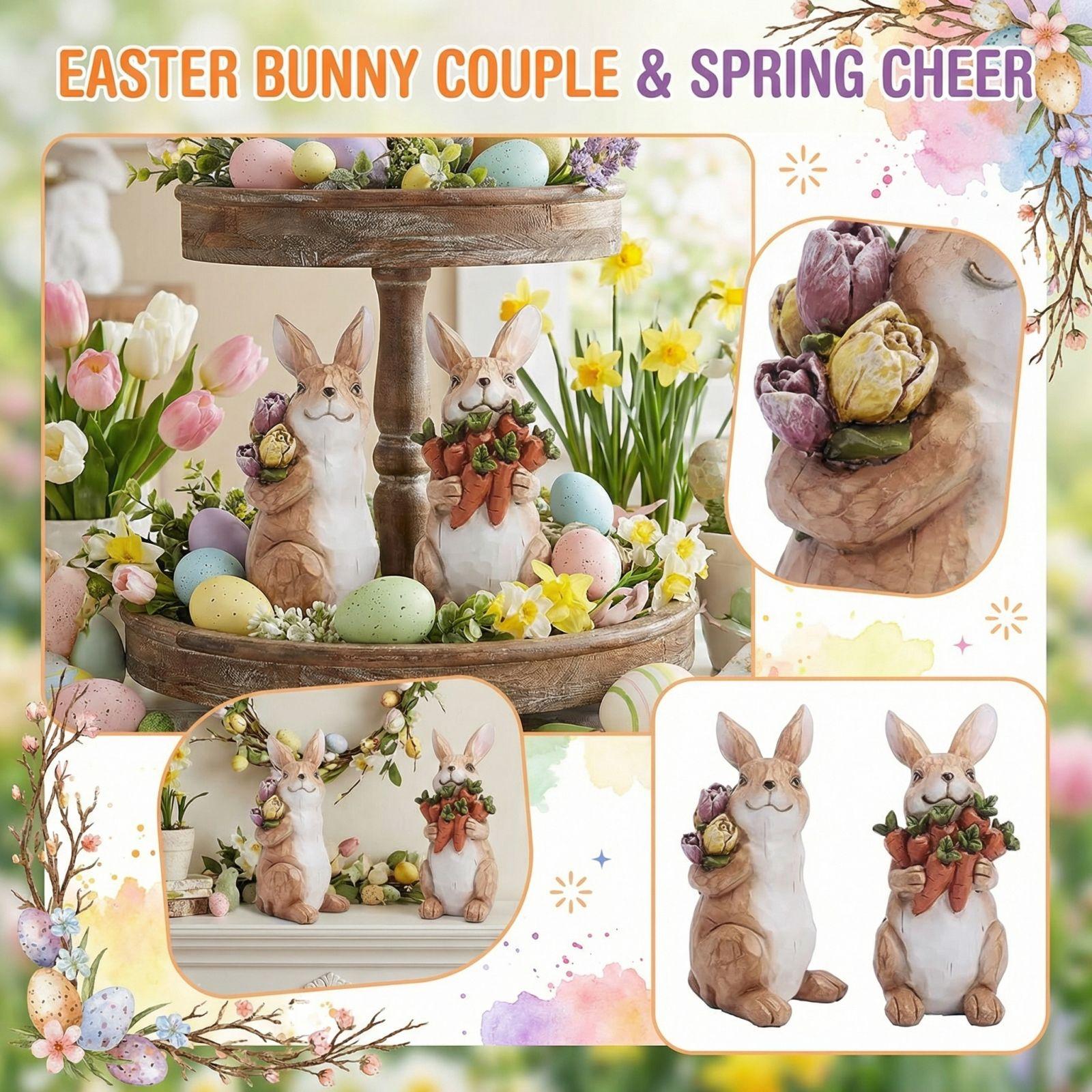 Easter Bunny Decorations,  2Pcs Couple Figurines, Cute Resin Bunny Statues With Flowers And Carrots, Spring Holiday Tabletop Centerpieces One Size