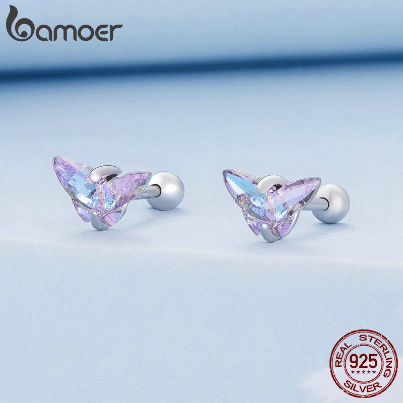 Bamoer 925 Sterling sølv lilla sommerfugl øredobber insekt øredobber for kvinner Bursdagsgave romantiske fine smykker