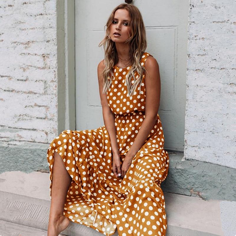 Summer Sexy O Neck Sleeveless Boho Polka Dot Print Maxi Dress New  Casual  Ladies Party Long Dress