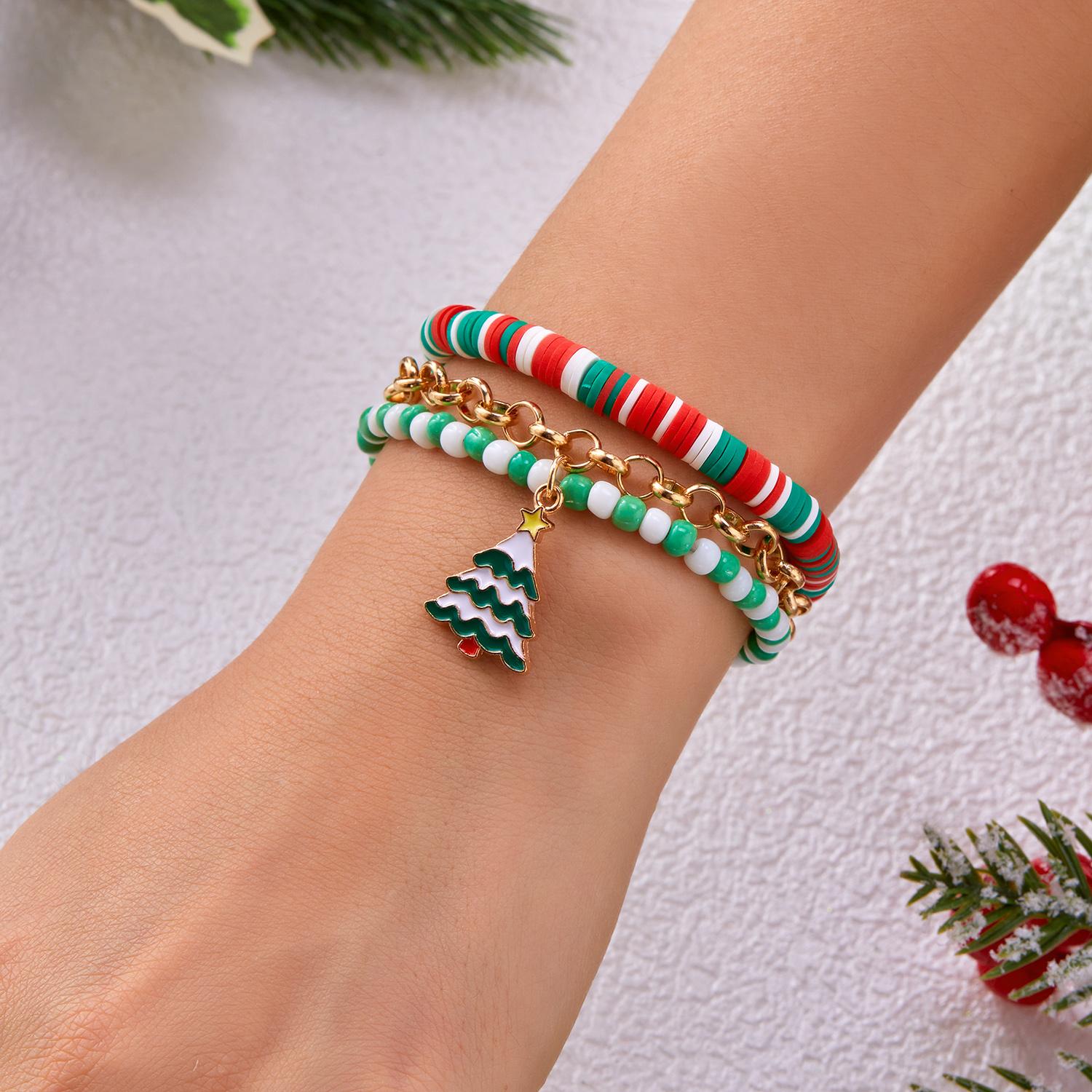

2 Pcs/Set Christmas Cartoon Santa Claus Resin Bracelet for Women Dainty Snowflake Xmas Tree Polymer Clay Chain Jewelry Gift Set