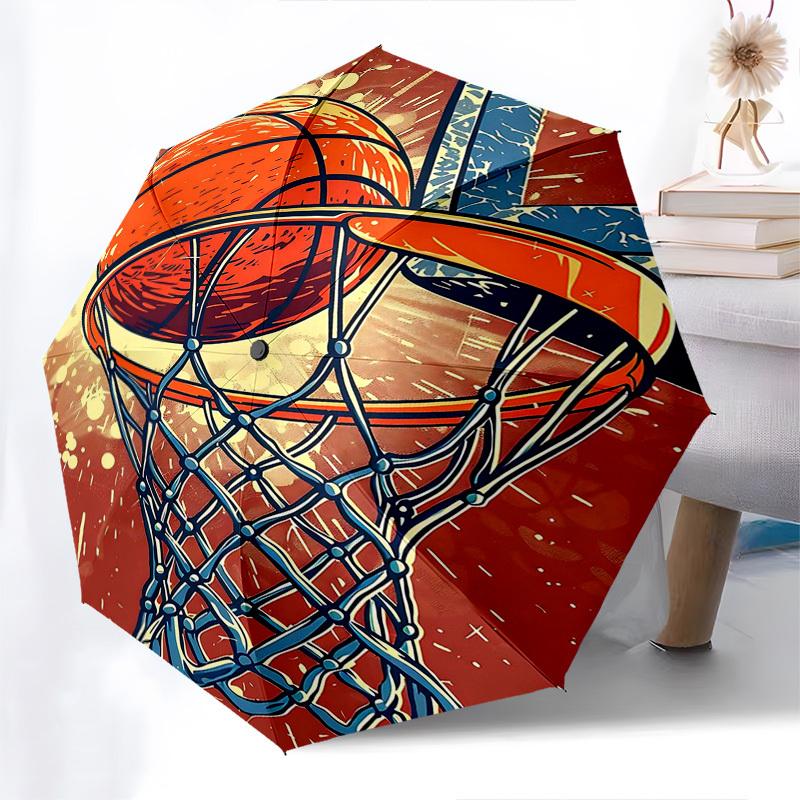 

1pc Automatic Opening/Closing Umbrella with Basketball Print, Portable 3-Fold Design, 8-Rib Iron Frame Outdoor Umbrella, Ideal Gift for Fans, Traveler