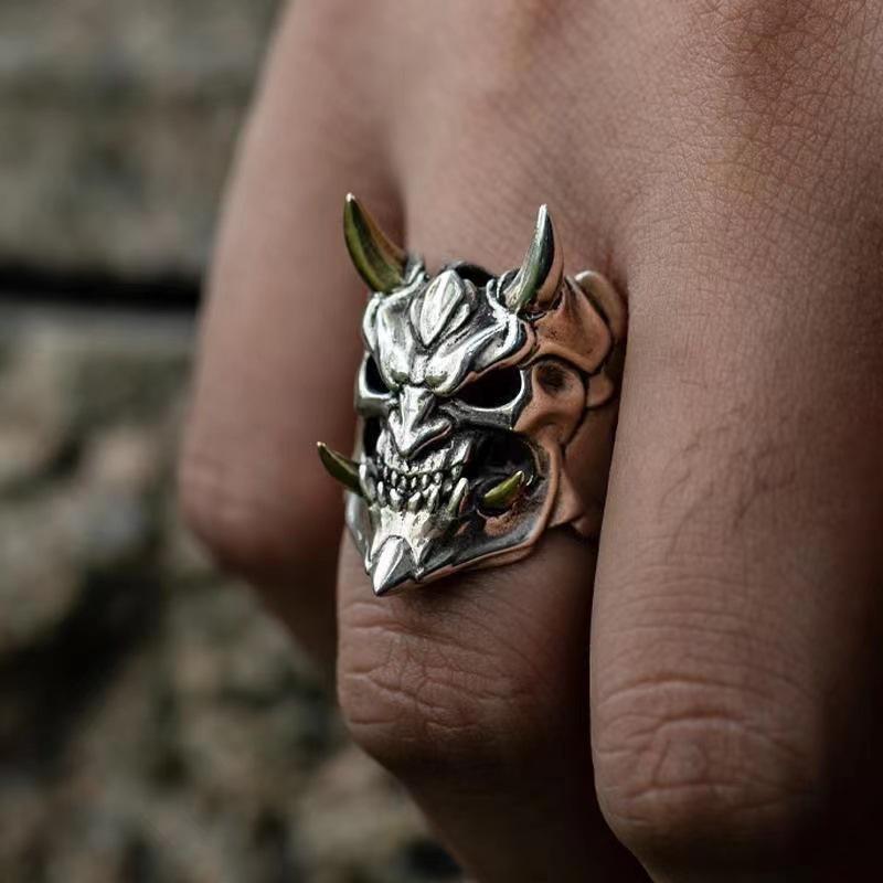 Retro Prajna Mask Ring For Men Punk Gothic Rock Hiphop Adjustable Open Ring Handmade Designer  Biker Accessories Man Gift