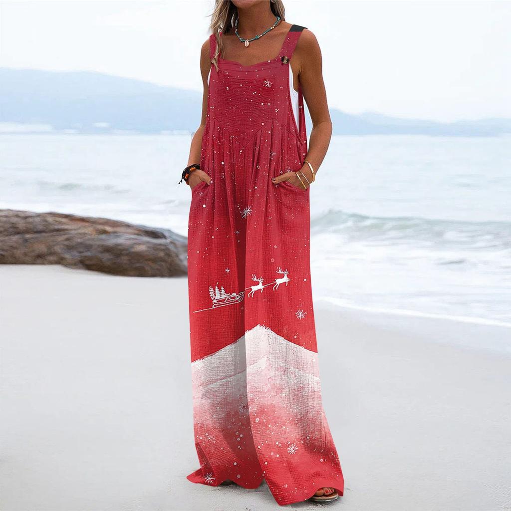 Women's Christmas Print Solid Wide Leg Strapless Tank Pocket Casual Onesie