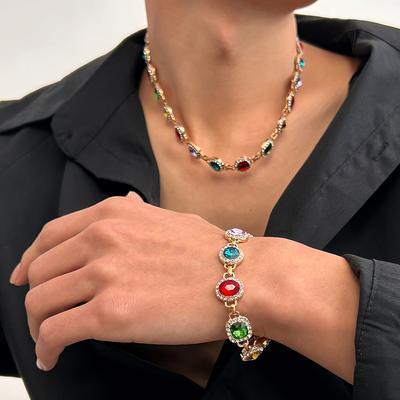 Salircon Colorful Rhinestone Chain Choker Necklace Men Luxury Trendy Simple Clavicle Chain Necklace Bracelet Party Jewelry