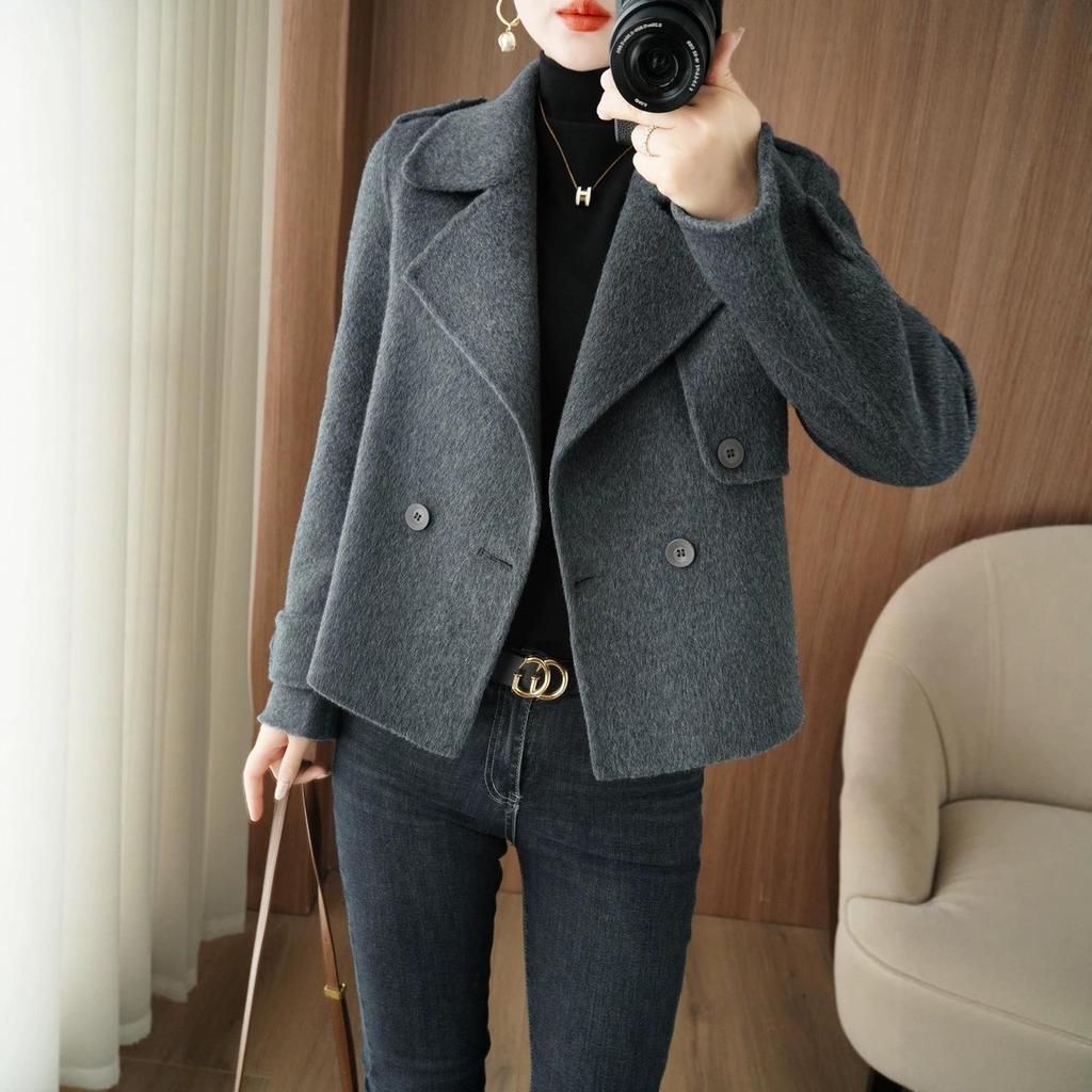 Petite Versatile Double-Faced Wool Coat: Short Double-Breasted Casual Suit Collar Slimming Outerwear