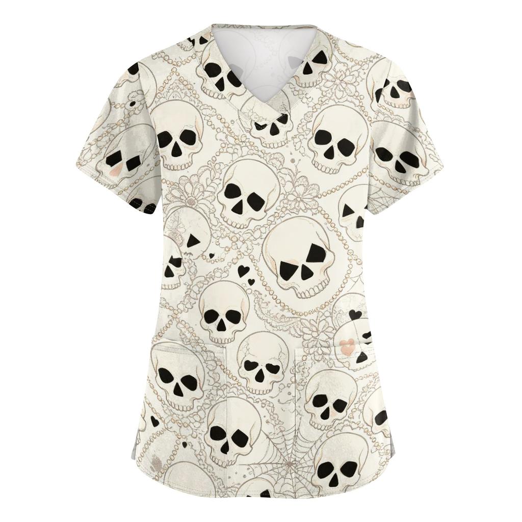 Women's V-Neck Short Sleeve Scrub Top with Pockets Halloween Print for Nurses and Caregivers