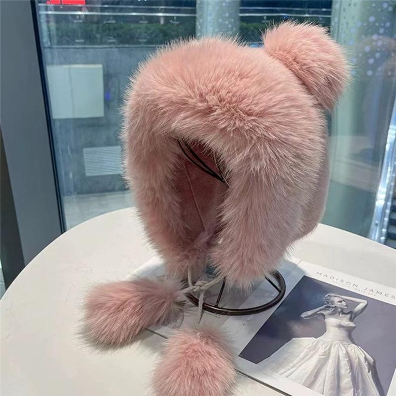 Warm Bear Ears Cute Plush Hat Female Autumn and Winter Face Little Student Hat Cycling Ear Protector Lei Feng Hat