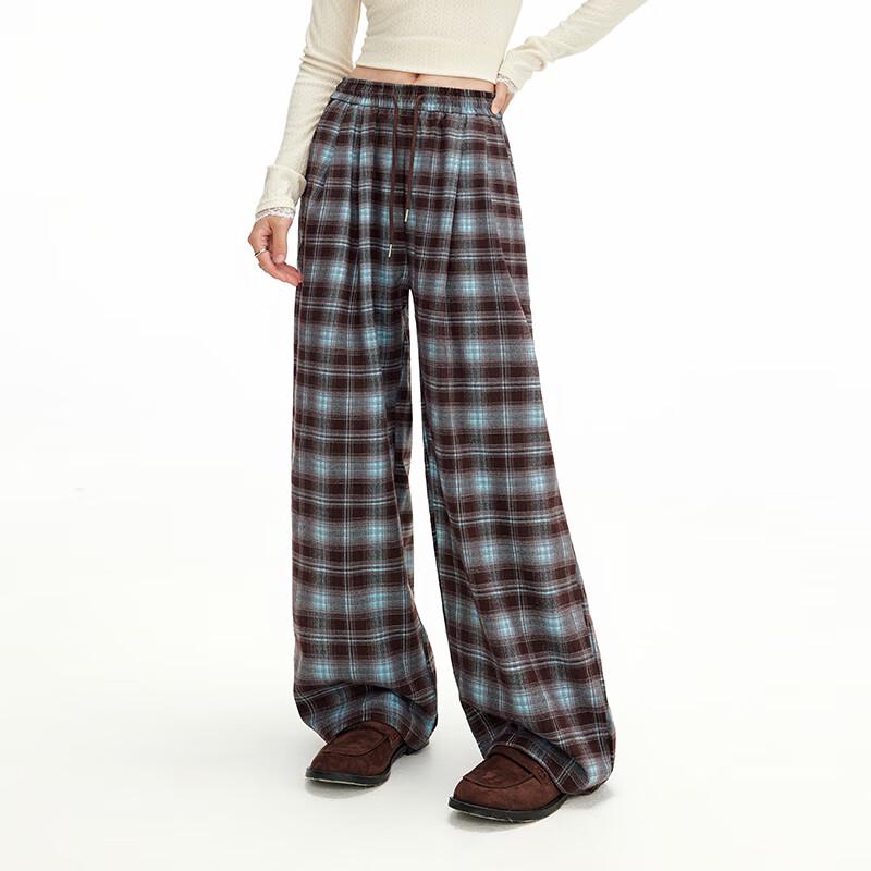 UNIFREE Women's Plaid High-Waist Wide-Leg Casual Pants
