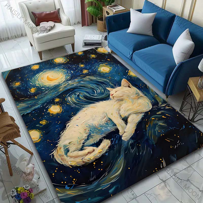 1PC Dreamy cat starry painting Pattern Rug Carpets for Bedroom Living Room Sofa Mat Creative Door Mat Cloakroom Home Decor