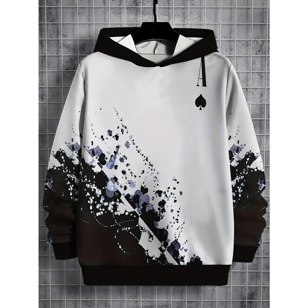 Boys' Black and White Graffiti Color 3D Printed Long Sleeved Hooded Sweatshirt, Boys' Spring and Autumn Sportswear