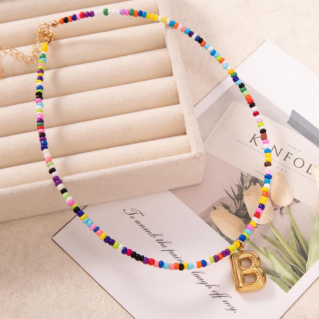 Bubble Alphabet Colored Rice Beads Handmade Beaded Delicate Beach Bohemian Necklace Collarbone Chain
