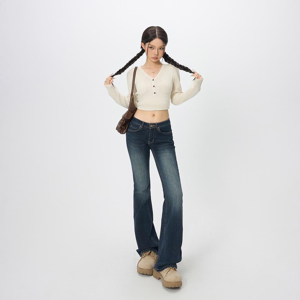 American retro low-rise micro-pull jeans women's autumn new elastic slim-fitting and thin versatile bell pants