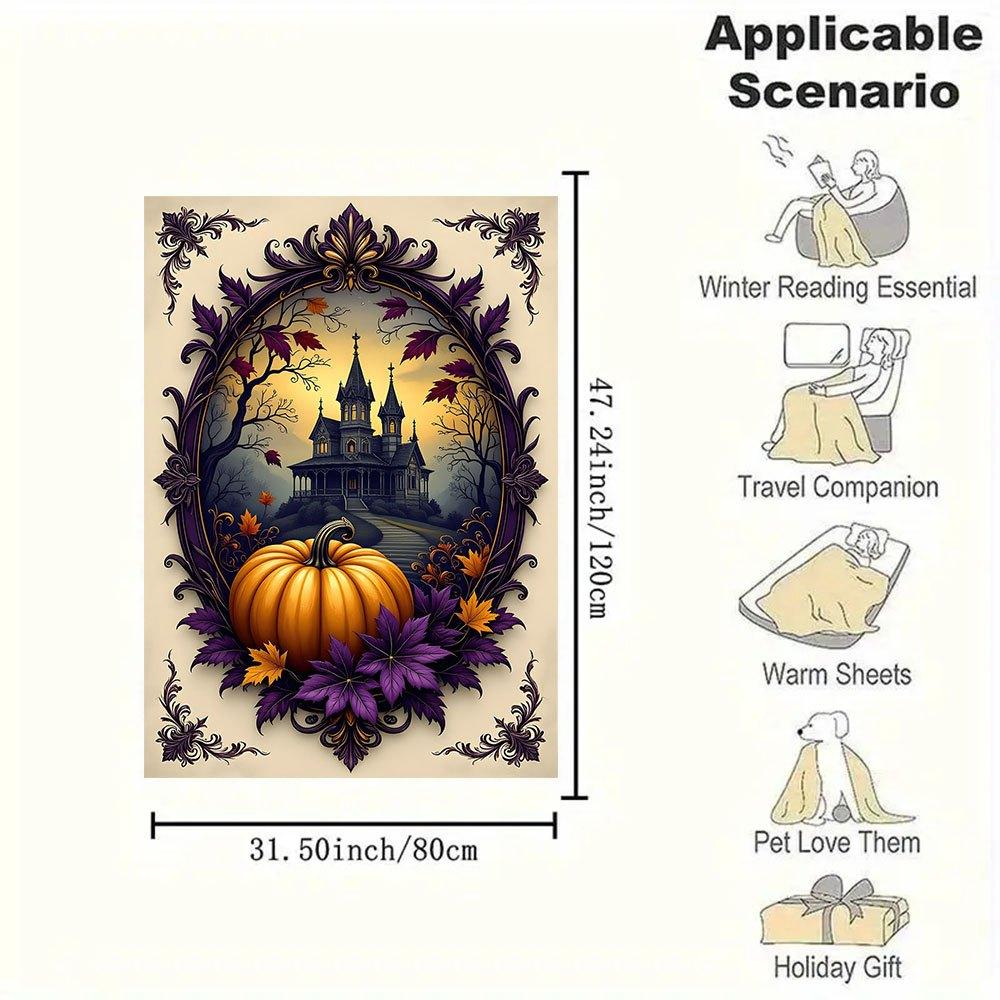 Halloween Haunted House with Pumpkin and LeavesBlanket Flannel Throw Blanket for Sofa, Bed, Travel, Camping, Office, Couch, Chair