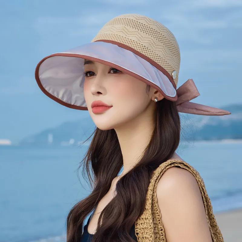 

WTEMPO Large Bow Women Spring Summer Wide Brim Solid Color Sun Hats Outdoor Breathable Foldable Beach Sunscreen Hats 1pc