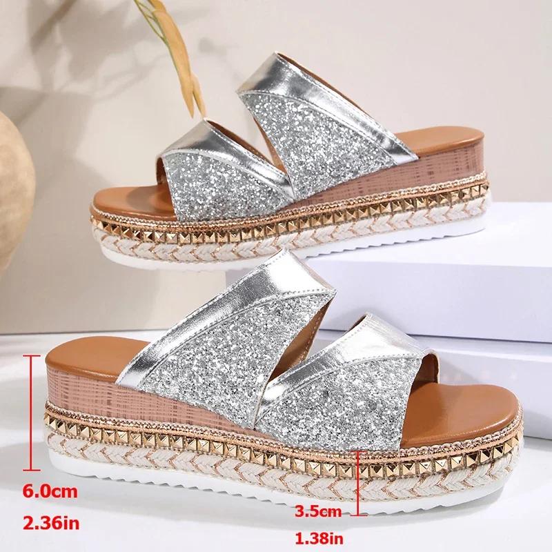 Fashion Fashion Gold Sequins Sandals for Women 2025 Summer Rivet Decor Platform Wedges Slippers Woman Plus Size Thick Bottom Sandles New