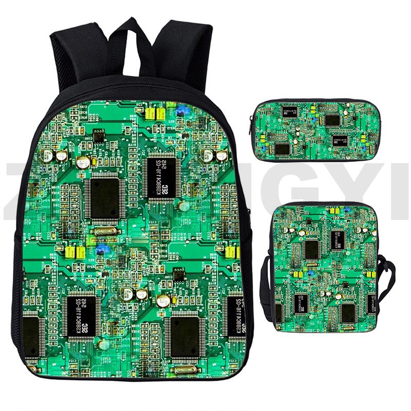 Klassiek Circuitbord Elektronische Chip 3D Print 3 stuks/Set Schooltassen Laptop Dagrugzak Rugzak Schuin geplaatste schoudertas Etui