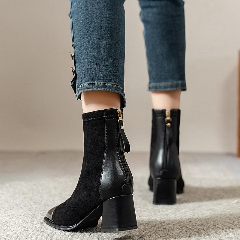 Moda Preto Botas da Moda Salto Baixo Zíper Botas Nude Marrom Escuro Primavera e Outono Feminino Solteiro 35-40 Tia Botas Curtas Femininas