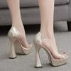 Fashion Platform Open Toe Bling Transparent PVC Rhinestone Womens Sandals Sexy Slip on Cover Heel 13CM Thick Heeled Party Wedding Shoe