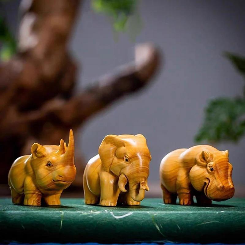 1/3pcs Wooden Product Manual Wood Carving Rhino Hippo Elephant Room Home Decor Car Ornaments Decoration Sculptures & Figurines