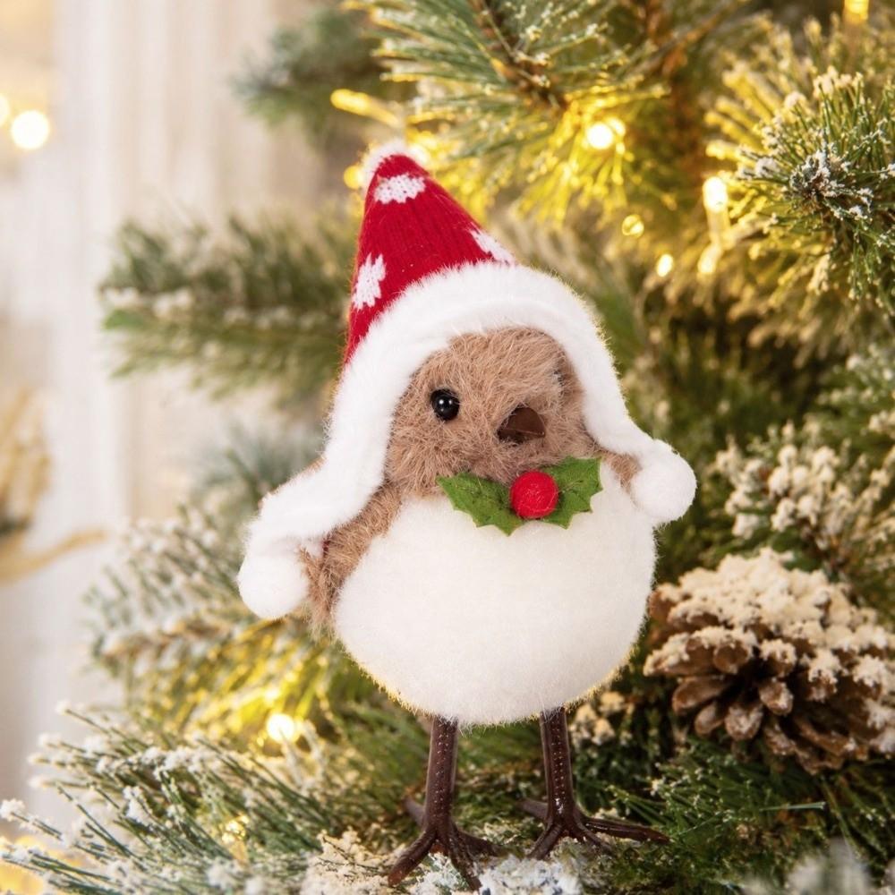 1/3 Stück Plüsch Mini Pelzige Rotkehlchen Vogel Figuren Weihnachtsmannmütze Weihnachten Haus Fenster Dekoration Kamin