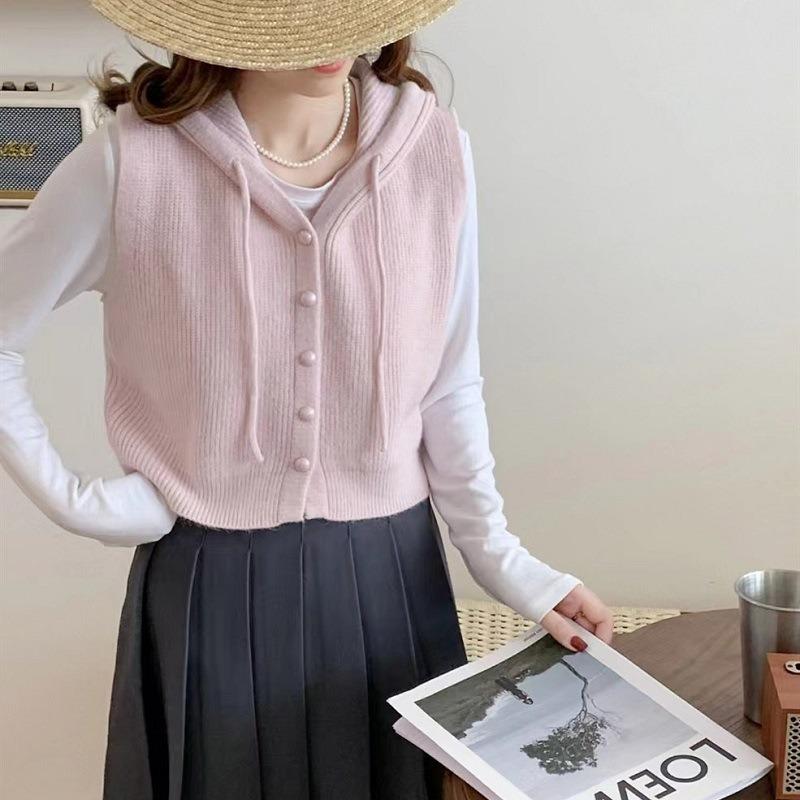 Spring and Autumn Casual Style Drawstring Hoodie Knitted Waistcoat Tank Top Stacked Solid Color Simple Women Sense of Loose Vest