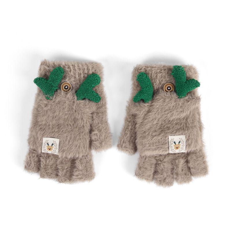 Women's Winter Fleece-Lined Antler Gloves - Cute Korean-Style, Wool Plush, Half-Finger with Flip-Top, Warm & Cold-Proof for Students & Big Kids