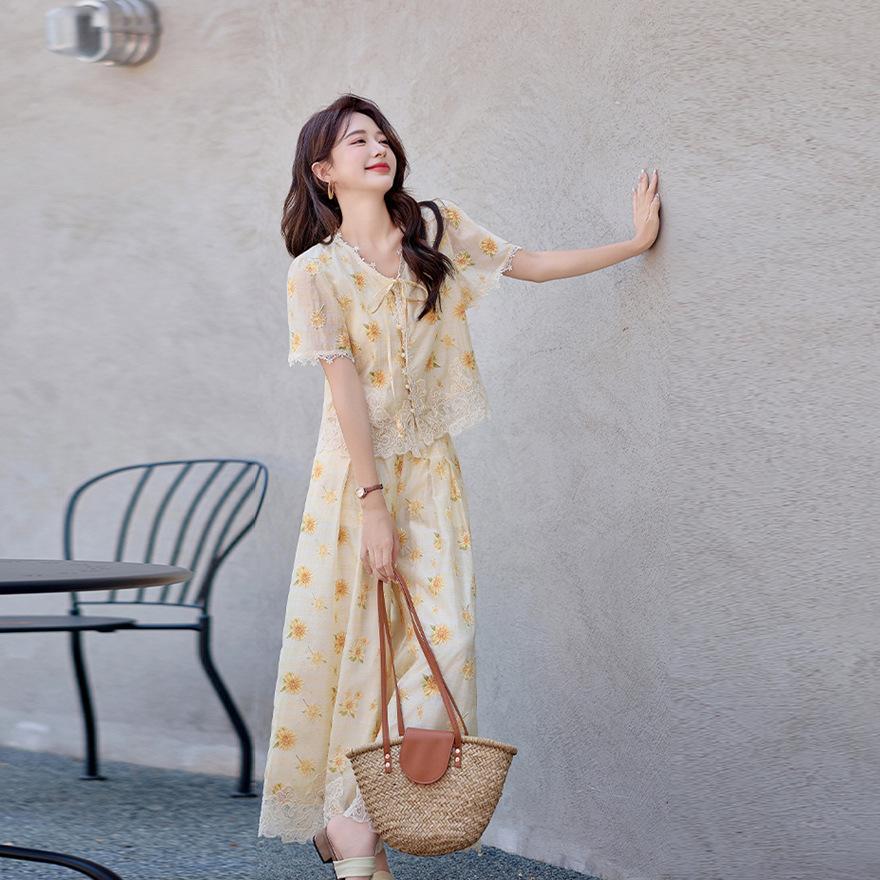 

Костюм с вышивкой и вставками из французского кружева, женский, летний, новая мода, топ с V-образным вырезом, брюки широкого кроя XL