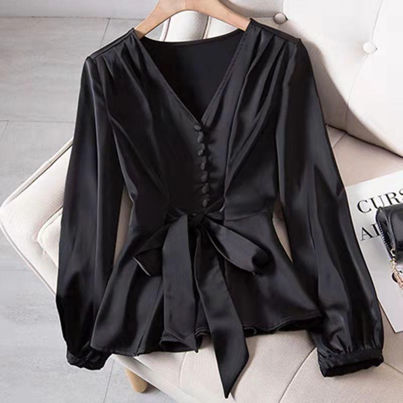 

Женские рубашки больших размеров Топы Женские с длинным рукавом Весенний новый стиль Свободные Стройнящие Универсальный Западный дизайн Нишевые рубашки L чёрный