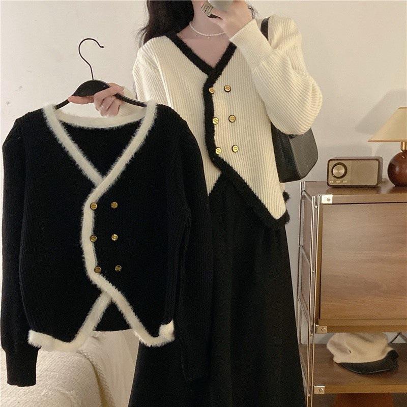 Women's Autumn and Winter Clashing Colours V-neck Double-breasted Knitted Cardigan Sweater