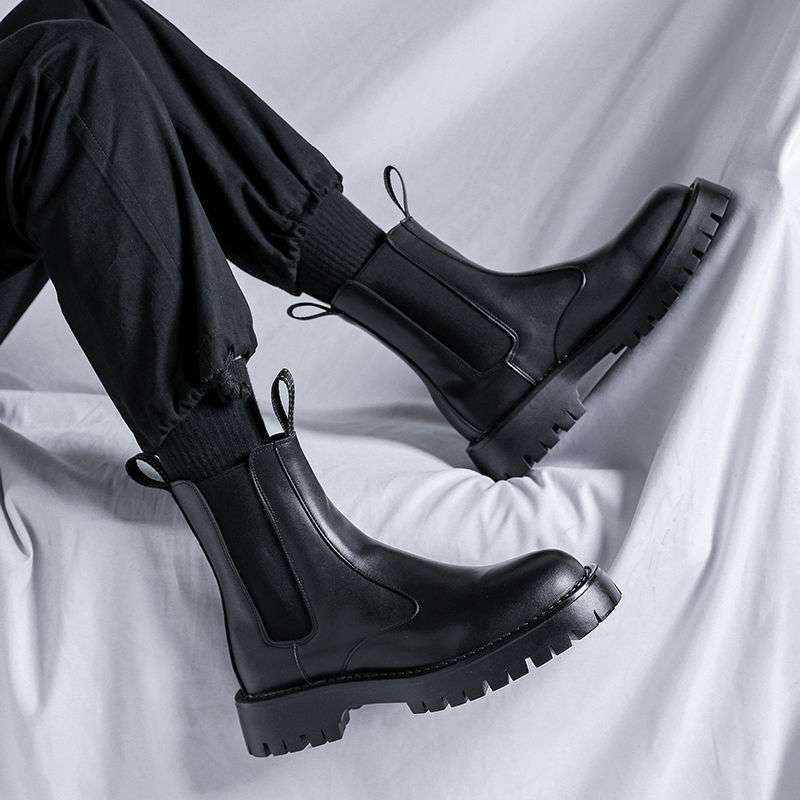 Chelsea Boots Herren Sommer Mid Boots Herren Schwarz High-Top Schuhe Britische Baumwollschuhe Aufgeraut Verdickt Martin Boots