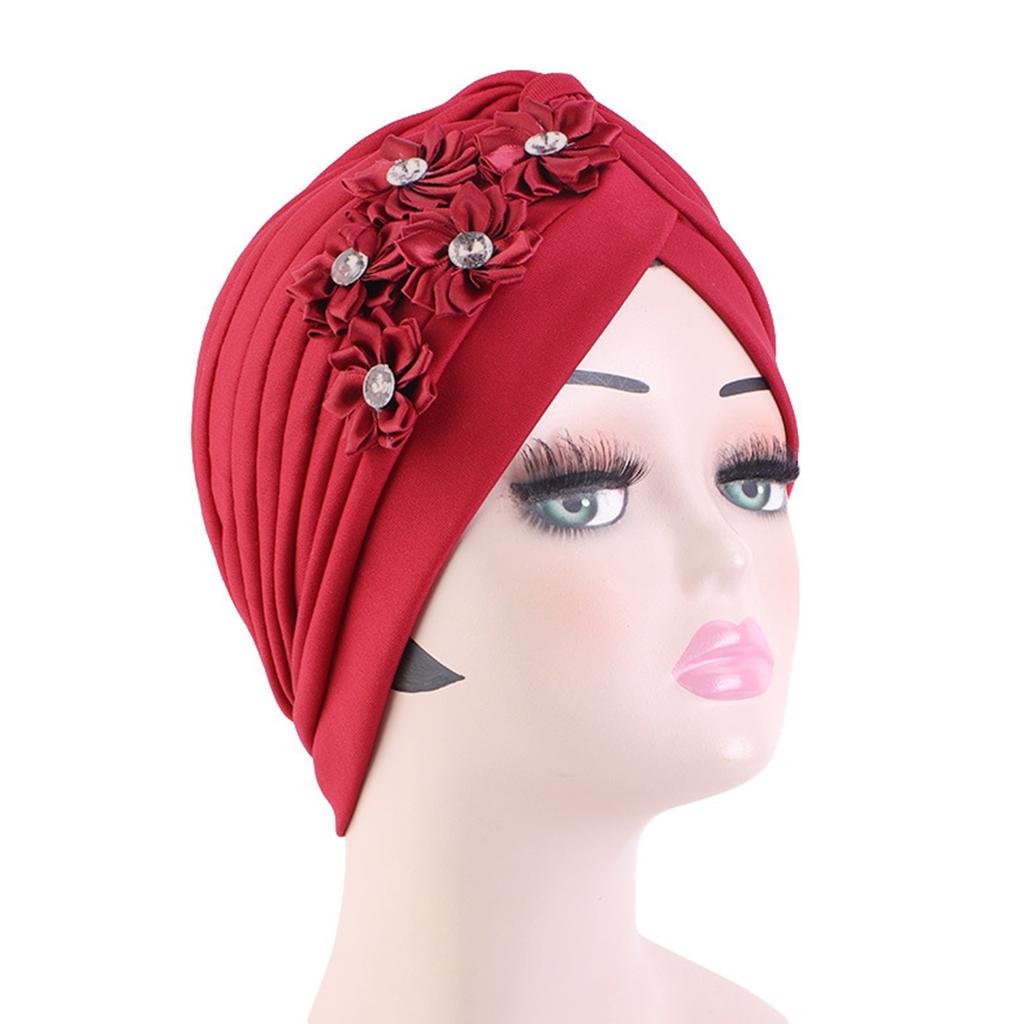4Pcs Women Turban National Style Diamond Flower Beanie Elastic Head Wrap Cap Chemo Headwear Accessories
