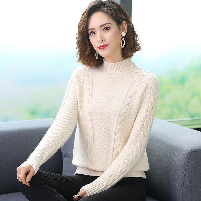 Women's Short Sweater Thickened Knitted Sweater Loose Semi-high Neck Base Sweater Solid Color Pullover