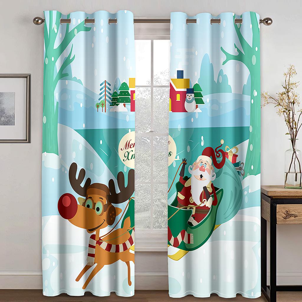 

Рождественские украшения занавес 3D мультфильм Санта-Клаус Рождественская елка полиэстер ткань занавес снеговик узор праздничная атмосфера W132cm x H160cm&Grommet