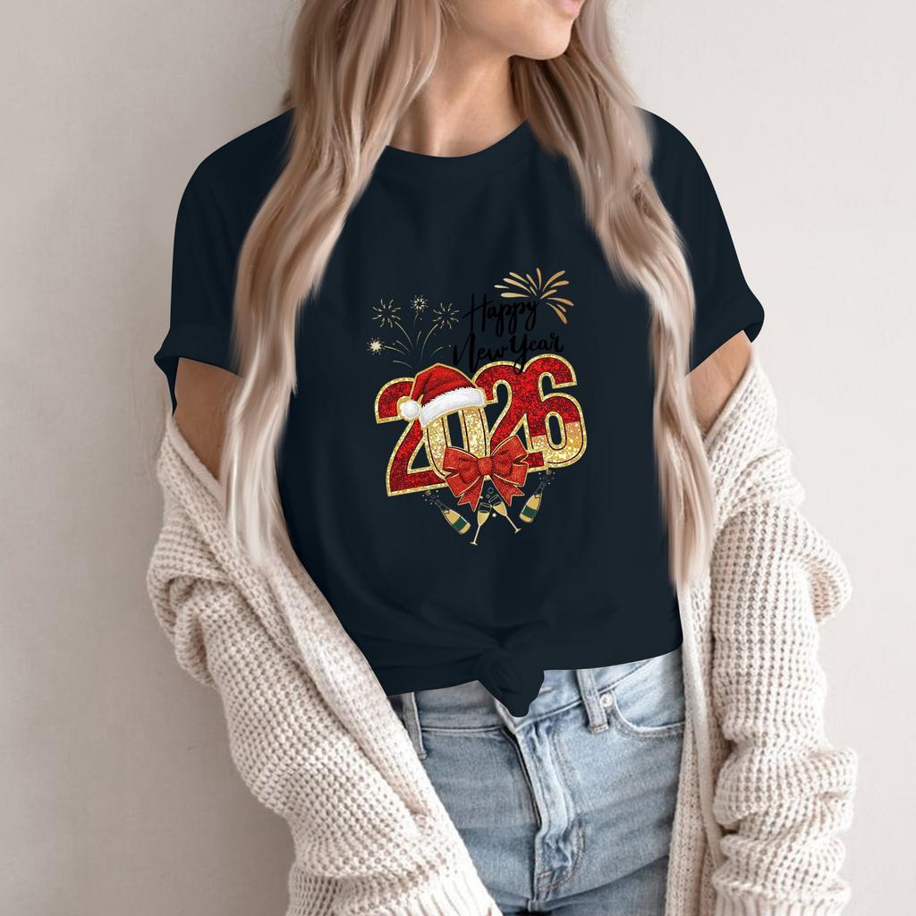 Women's Fashion 2026 New Year Printed Round Neck Short Sleeve Top