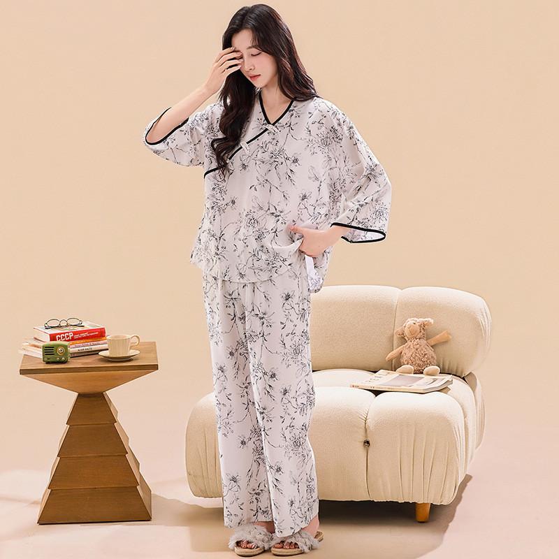 New Oriental Style Womens Pajama Twopiece With Breathable Cotton Satin For Home Use