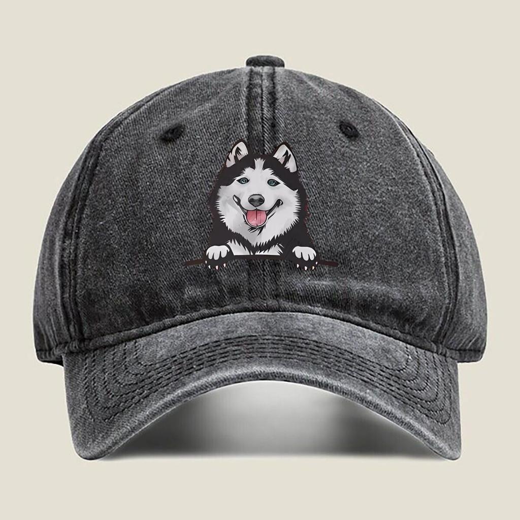 Happy Husky Portrait Fashion Washed Baseball Cap Hat Outdoor Activities