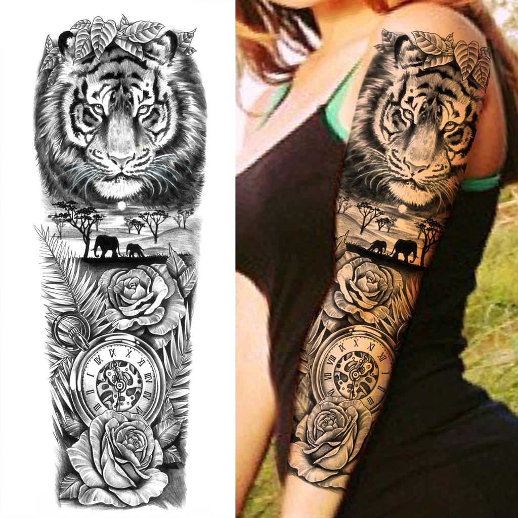 1 Sheet Long Sleeve Temporary Tattoos For Men Women Flower Skull Lion Wolf Tiger Nun Fox Compass Tattoo Sticker Body Art Arm Leg