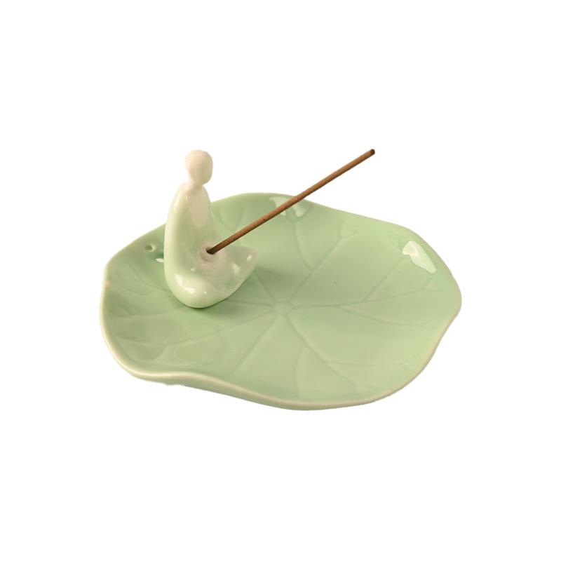 Celadon Lotus Leaf Incense Holder - Ceramic Monk Zen Burner for Indoor Decor