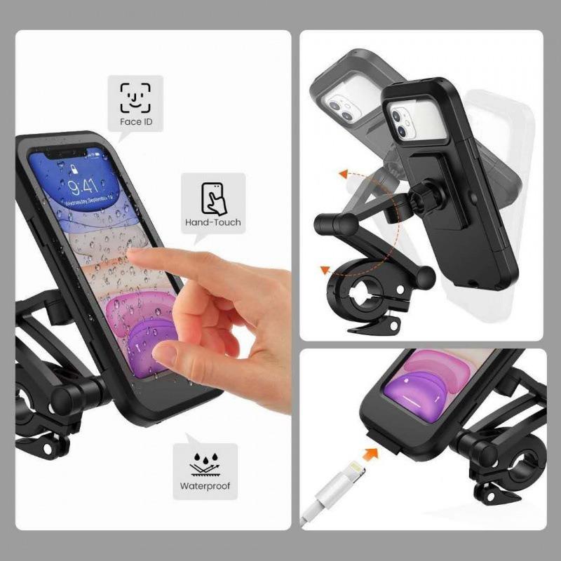 Touchscreen motorcycle phone holder with fully enclosed waterproof bag