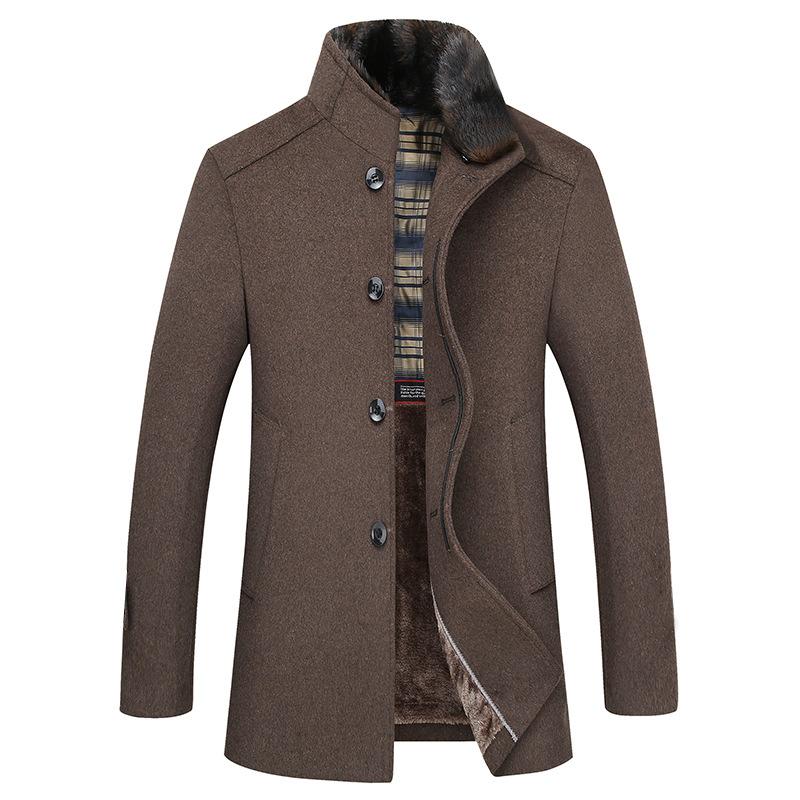 Winter Woolen Coat Men's Coat Medium and Long Business Casual Stand-up Collar Piled and Thickened Woolen Coat Men's